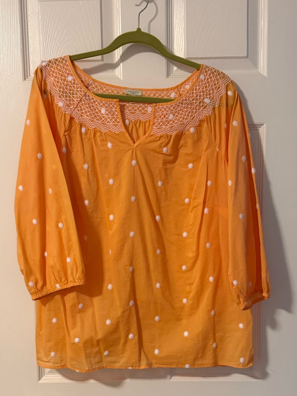 Talbots Orange Polka Dot Peasant Top with Crochet Yoke